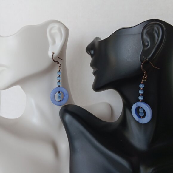 Hand Crafted Jewelry - Handmade Periwinkle Blue Earrings With Dyed Shells and Banded Agate Beads